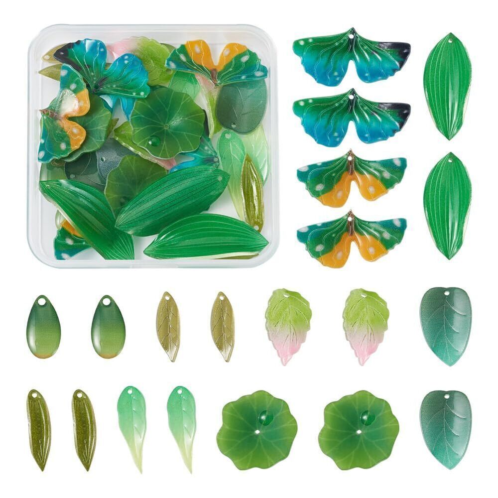 1831 Pandahall 40Pcs Plastic Green Leaf Charm Beads - 10 Styles Frosted